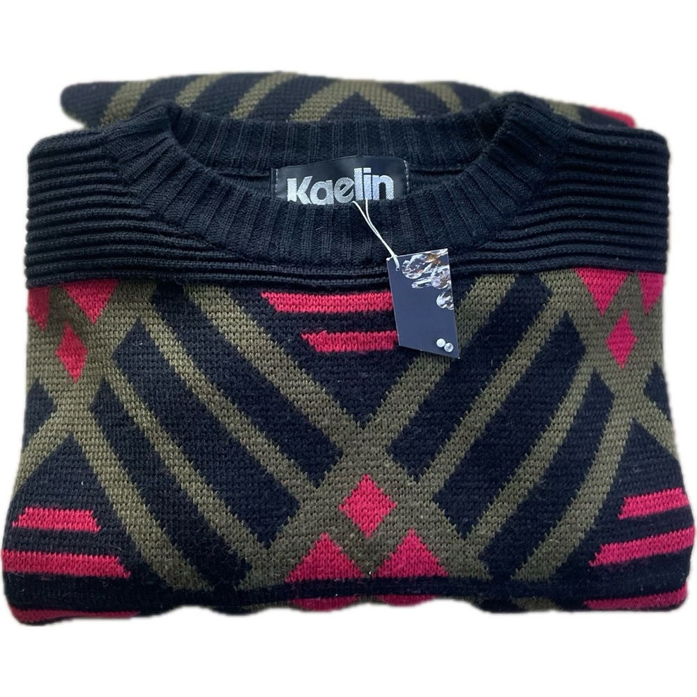 KAELIN | XL | Geometric Patterned Chunky Knit Wool Blend Thick Crewneck Sweater